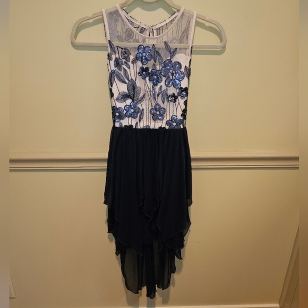 Tween Diva Navy Blue/Cream Floral Embroidered High-Low Dress Size 12 👗